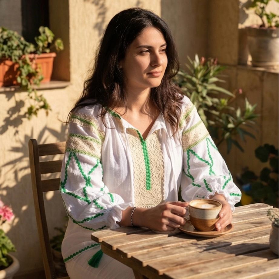IE Nationala stilizata, moderna din panza topita alba - Maria verde