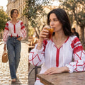 IE Nationala stilizata, moderna din panza topita alba - Maria rosu
