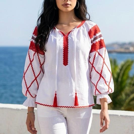 IE Nationala stilizata, moderna din panza topita alba - Maria rosu