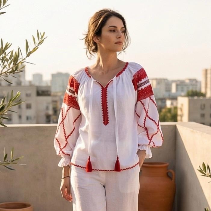 IE Nationala stilizata, moderna din panza topita alba - Maria rosu
