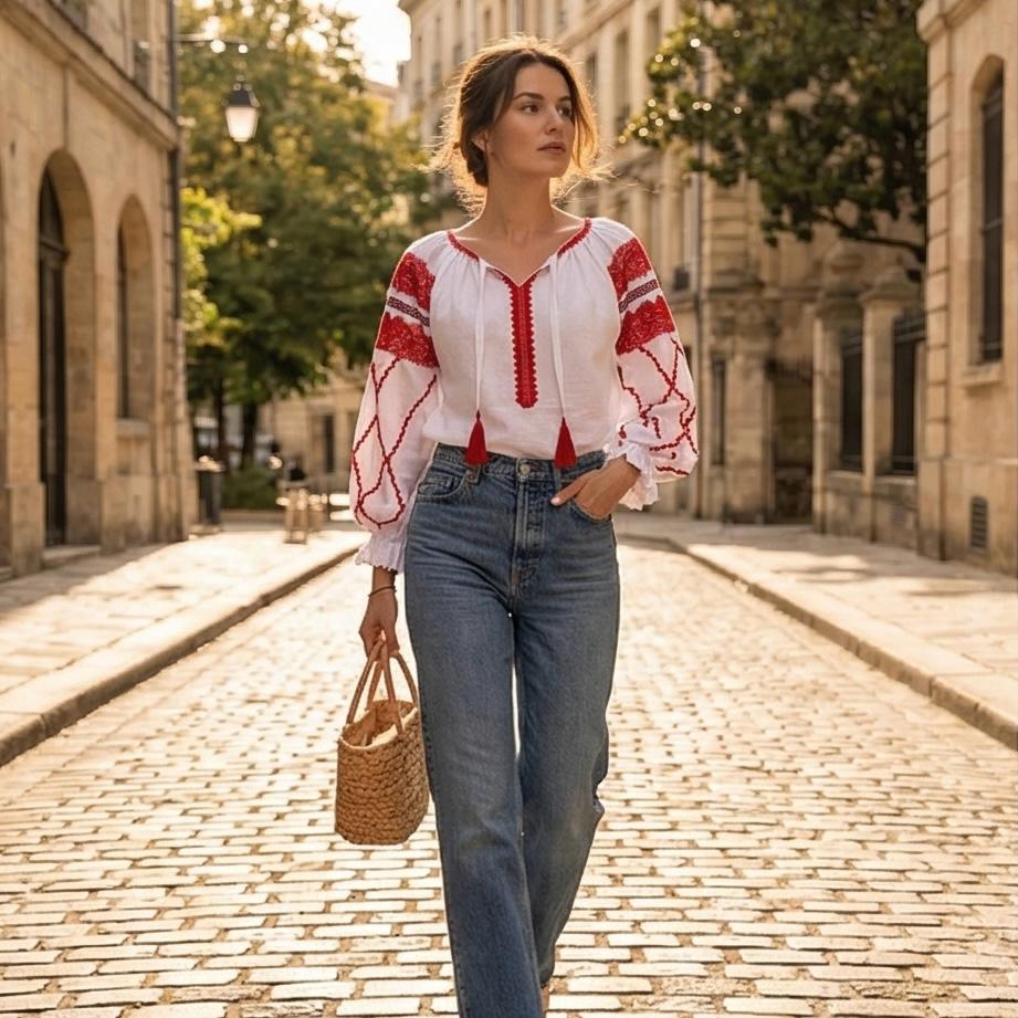 IE Nationala stilizata, moderna din panza topita alba - Maria rosu