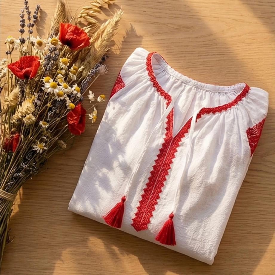 IE Nationala stilizata, moderna din panza topita alba - Maria rosu
