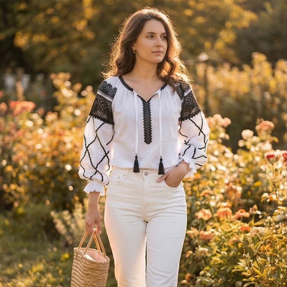 IE Nationala stilizata, moderna din panza topita alba - Maria negru