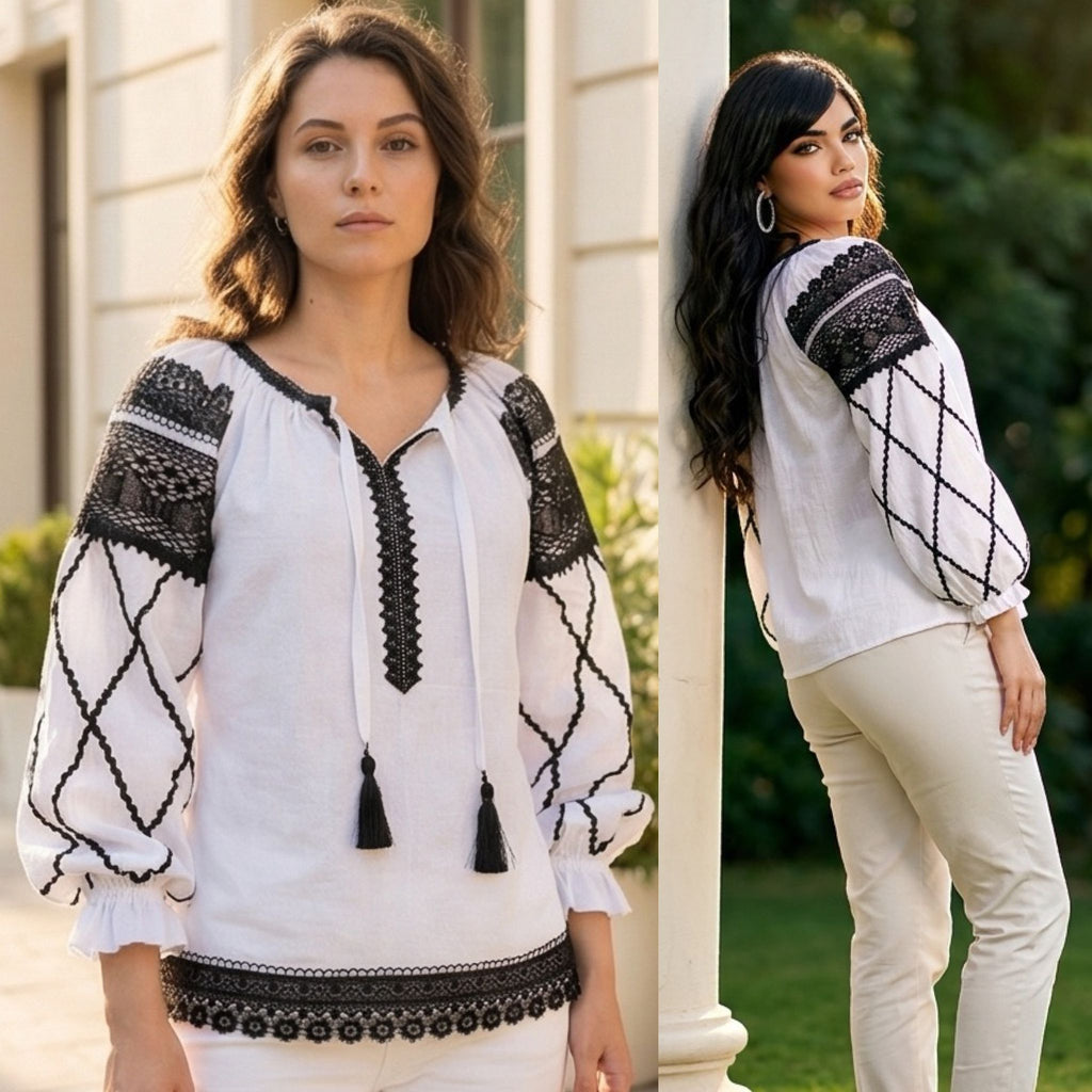 IE Nationala stilizata, moderna din panza topita alba - Maria negru