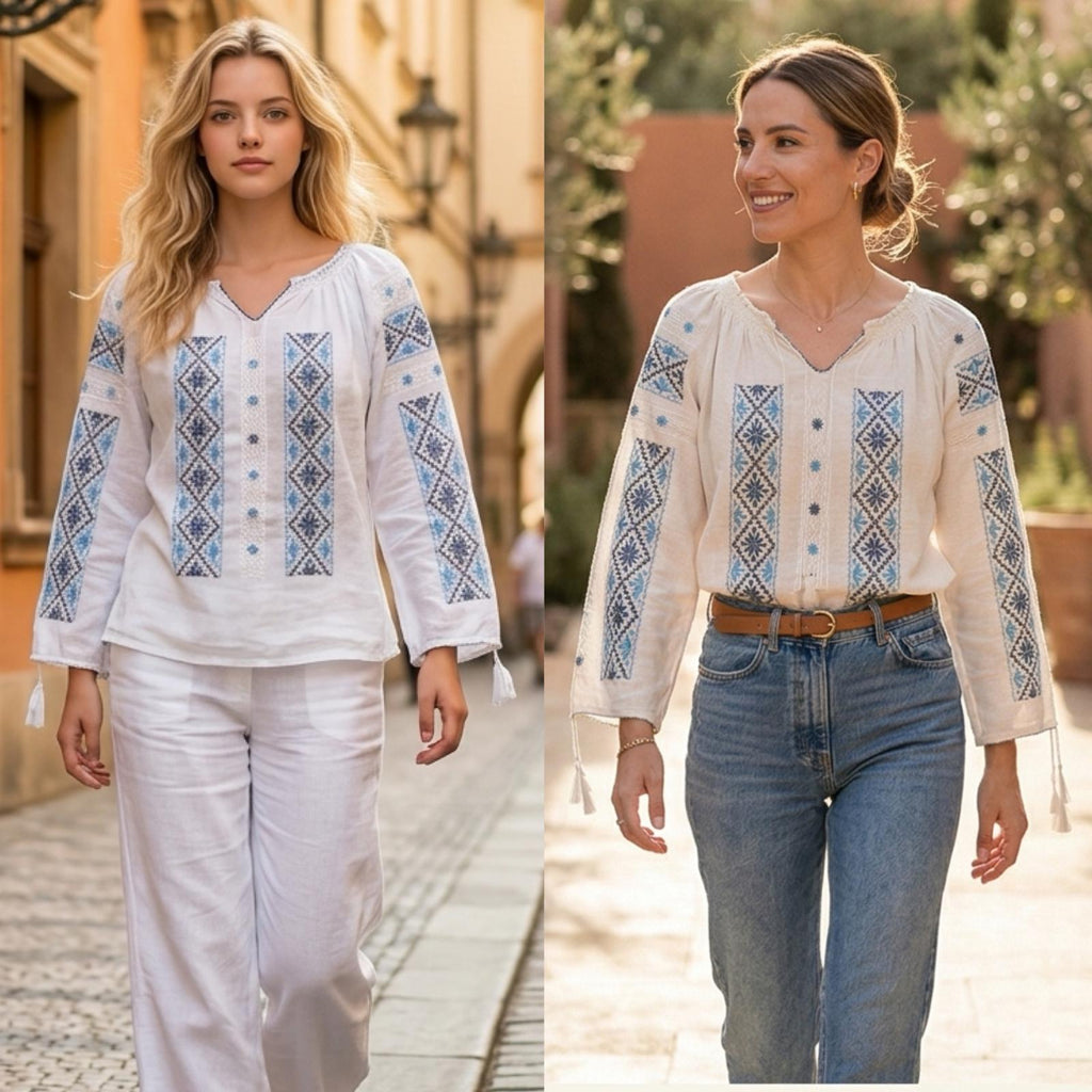 IE Traditionala alba cusuta cu fir de matase - Altita bleu gri 13