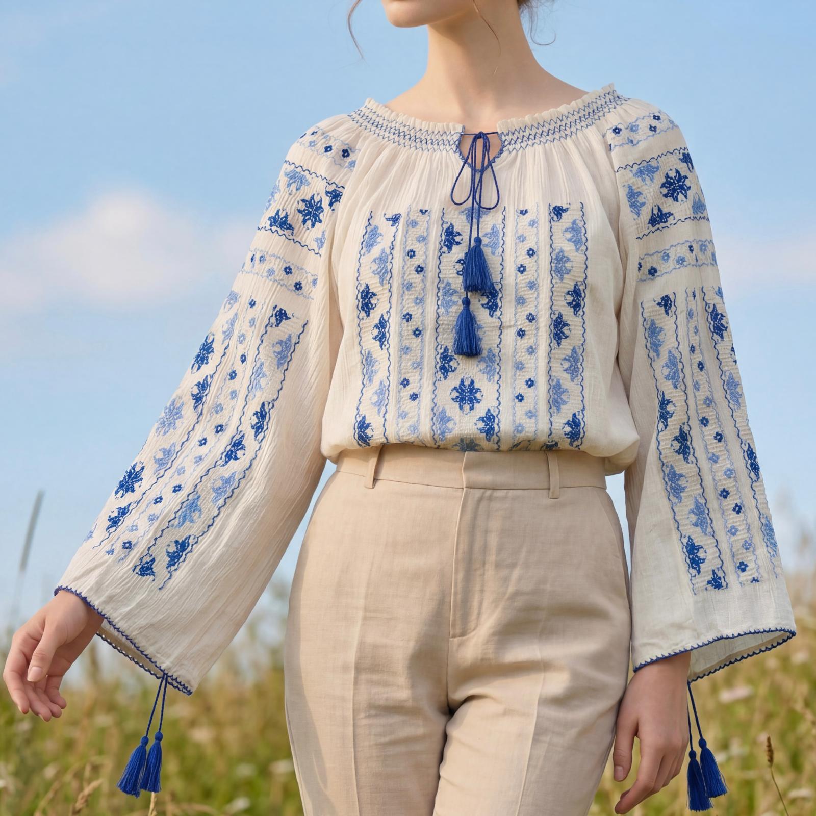 IE Traditionala cusuta cu matase si maneca lunga - Bianca albastru