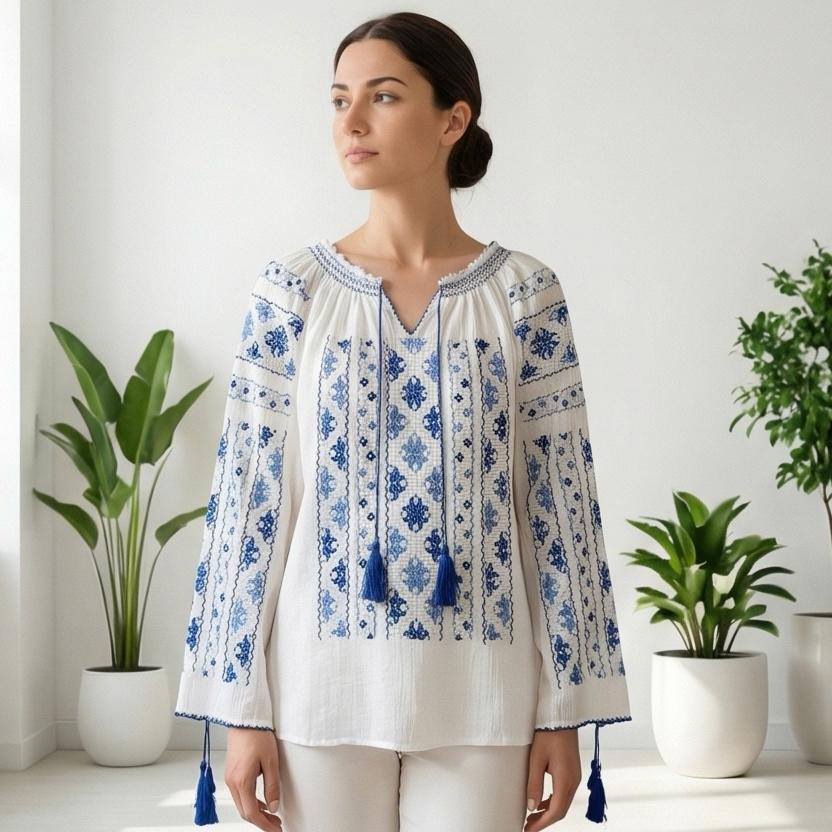 IE Traditionala cusuta cu matase si maneca lunga - Bianca albastru