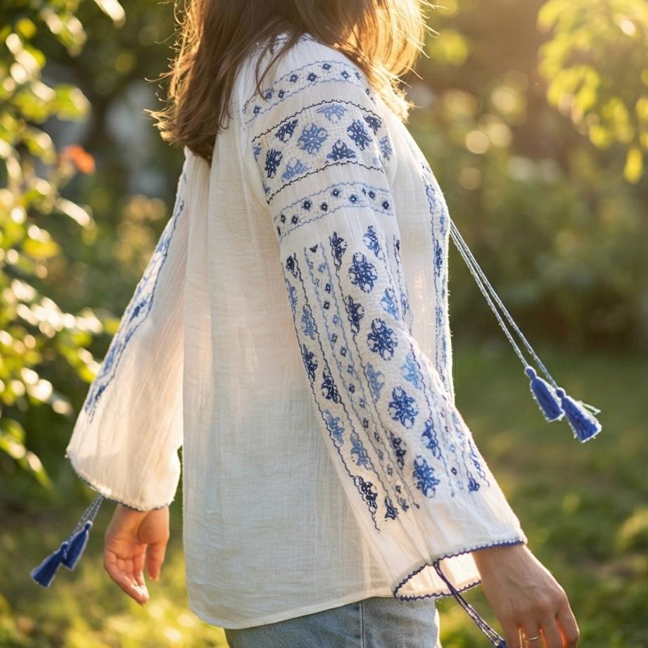 IE Traditionala cusuta cu matase si maneca lunga - Bianca albastru