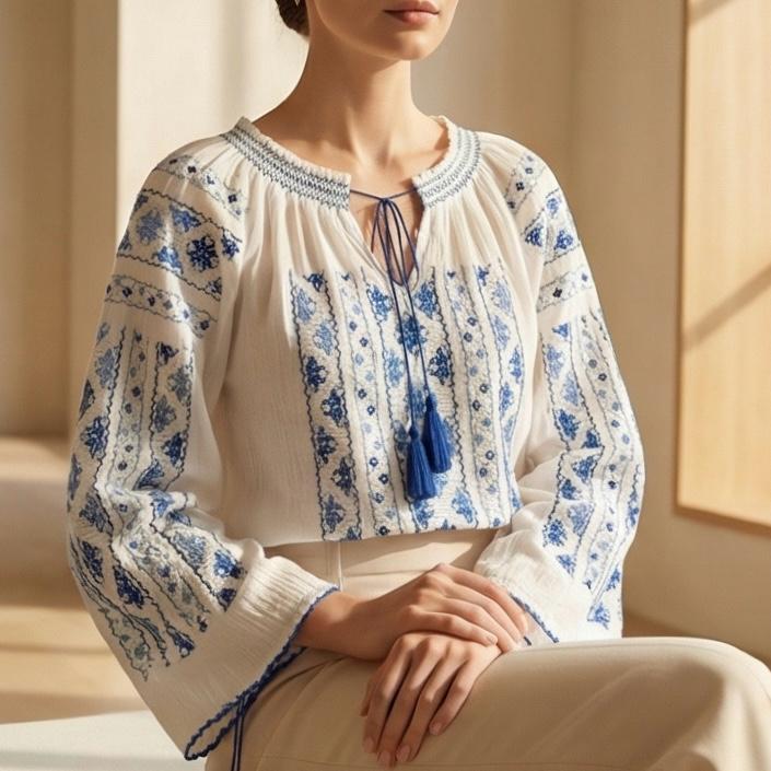 IE Traditionala cusuta cu matase si maneca lunga - Bianca albastru