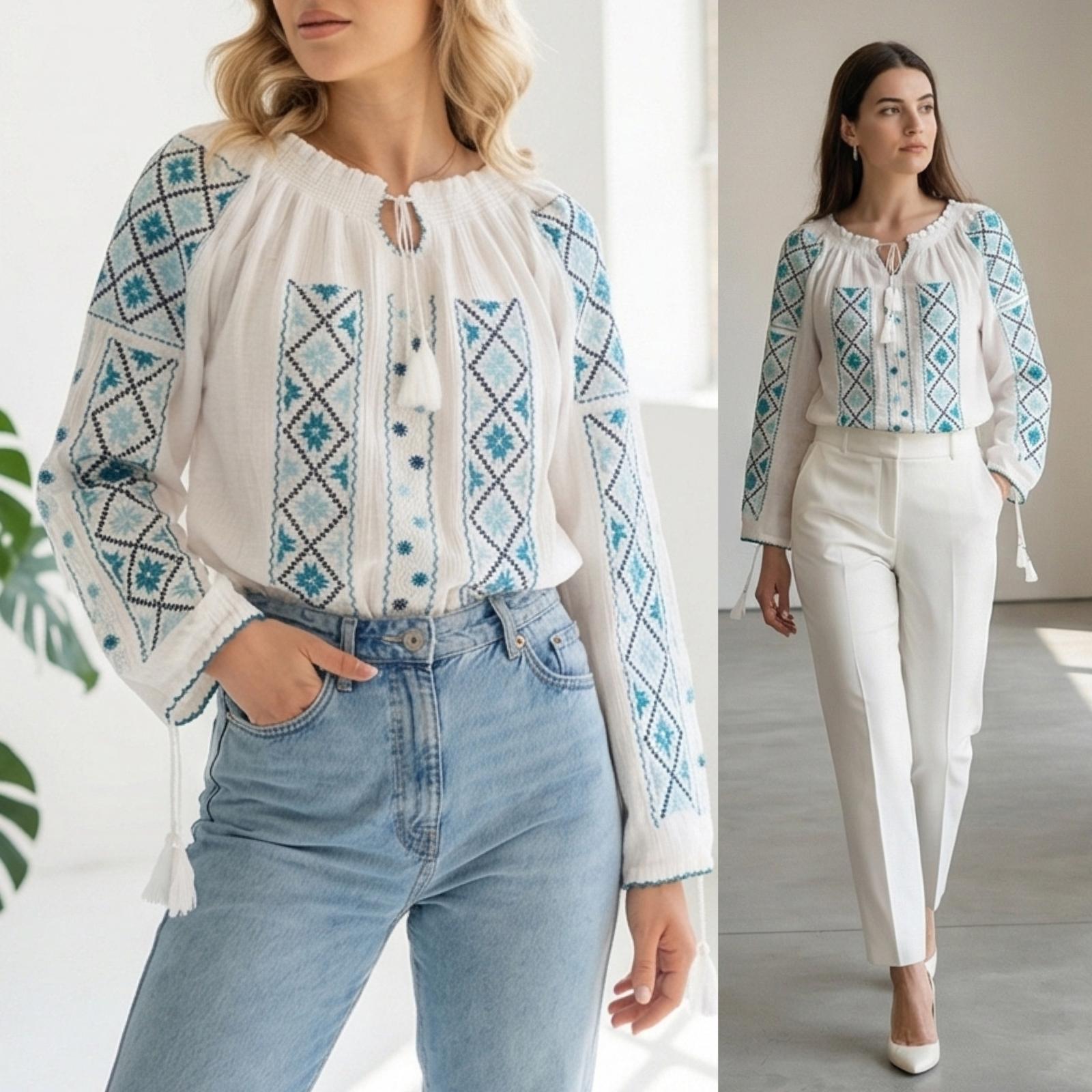 IE Traditionala alba cusuta cu fir de matase - Altita bleu/turcoaz 15