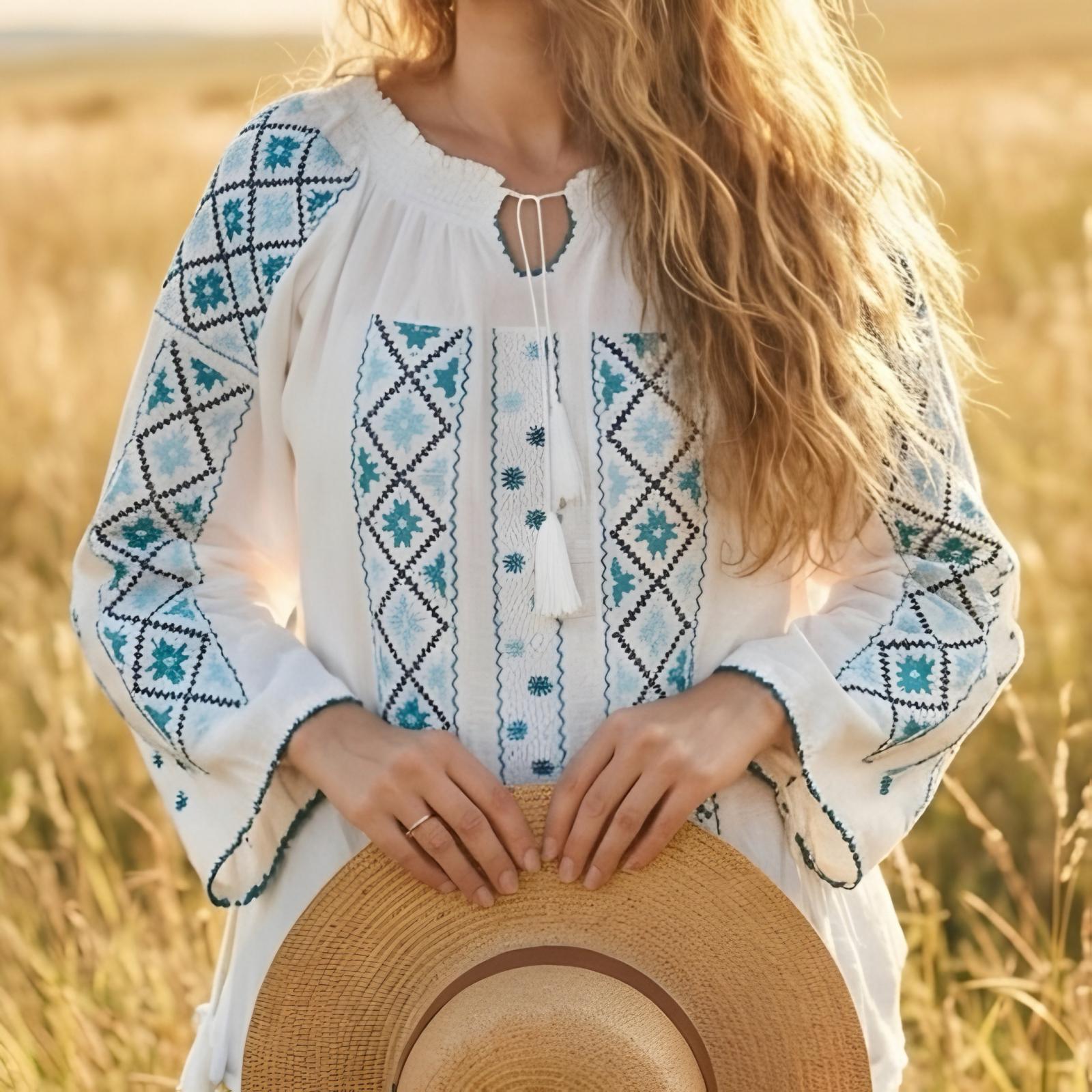 IE Traditionala alba cusuta cu fir de matase - Altita bleu/turcoaz 15