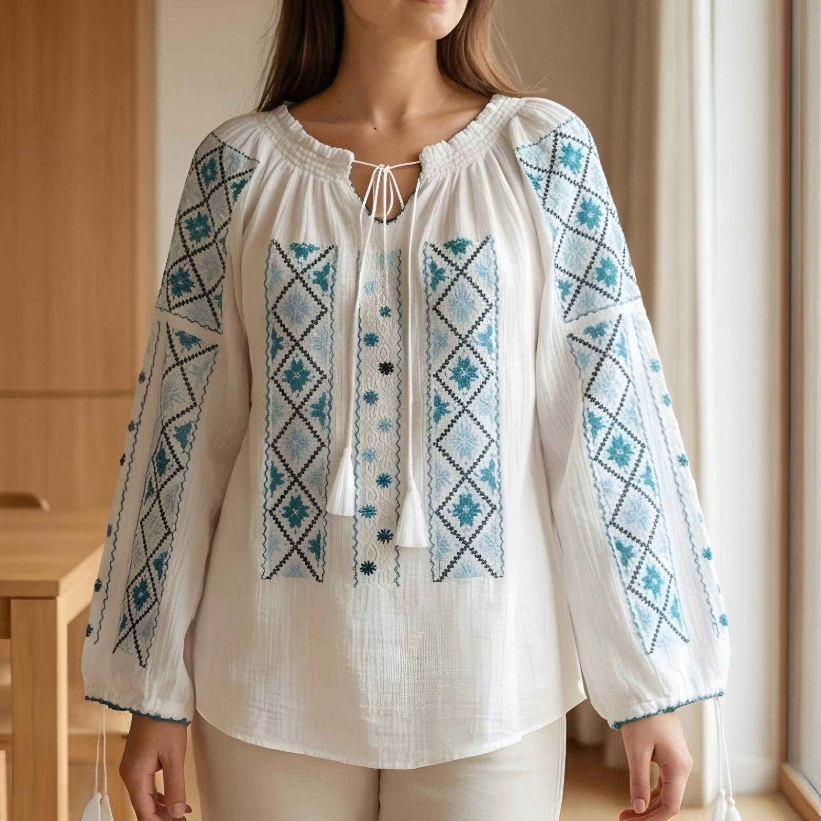 IE Traditionala alba cusuta cu fir de matase - Altita bleu/turcoaz 15