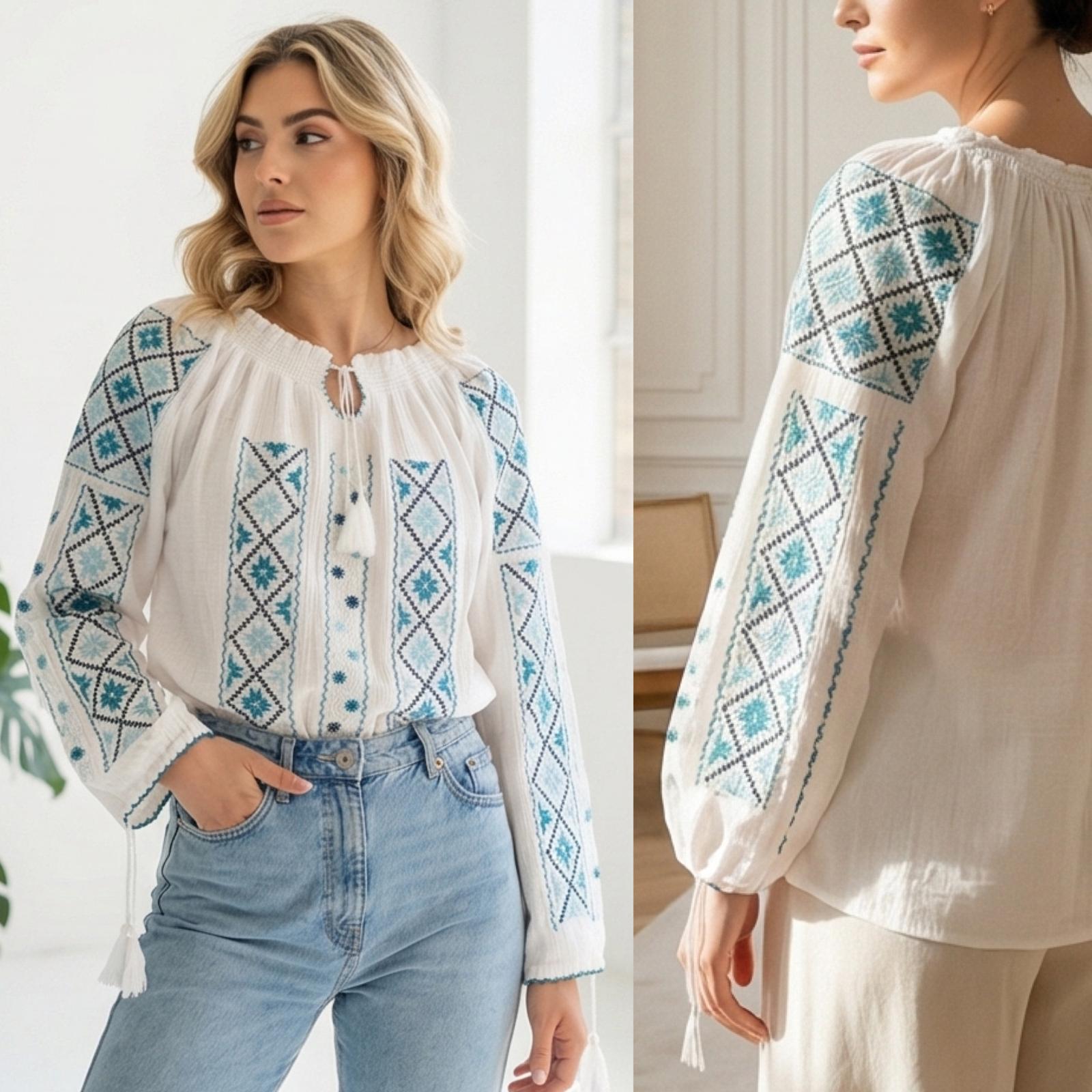 IE Traditionala alba cusuta cu fir de matase - Altita bleu/turcoaz 15