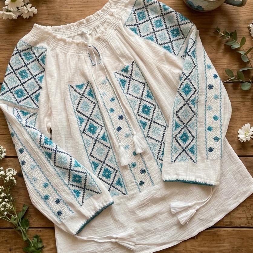 IE Traditionala alba cusuta cu fir de matase - Altita bleu/turcoaz 15