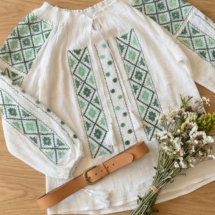 IE Traditionala alba cusuta cu fir de matase - Altita verde 14