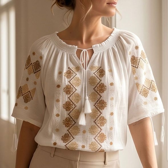 IE Traditionala cu maneca scurta, cusuta cu matase - Bianca maro 20