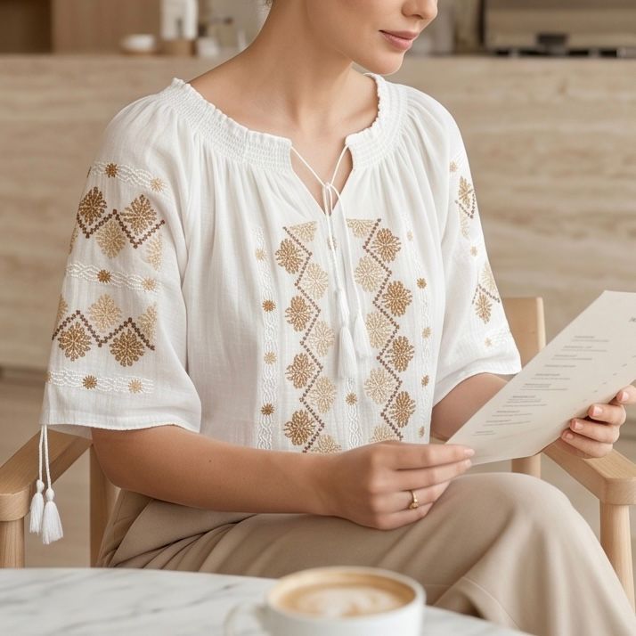 IE Traditionala cu maneca scurta, cusuta cu matase - Bianca maro 20