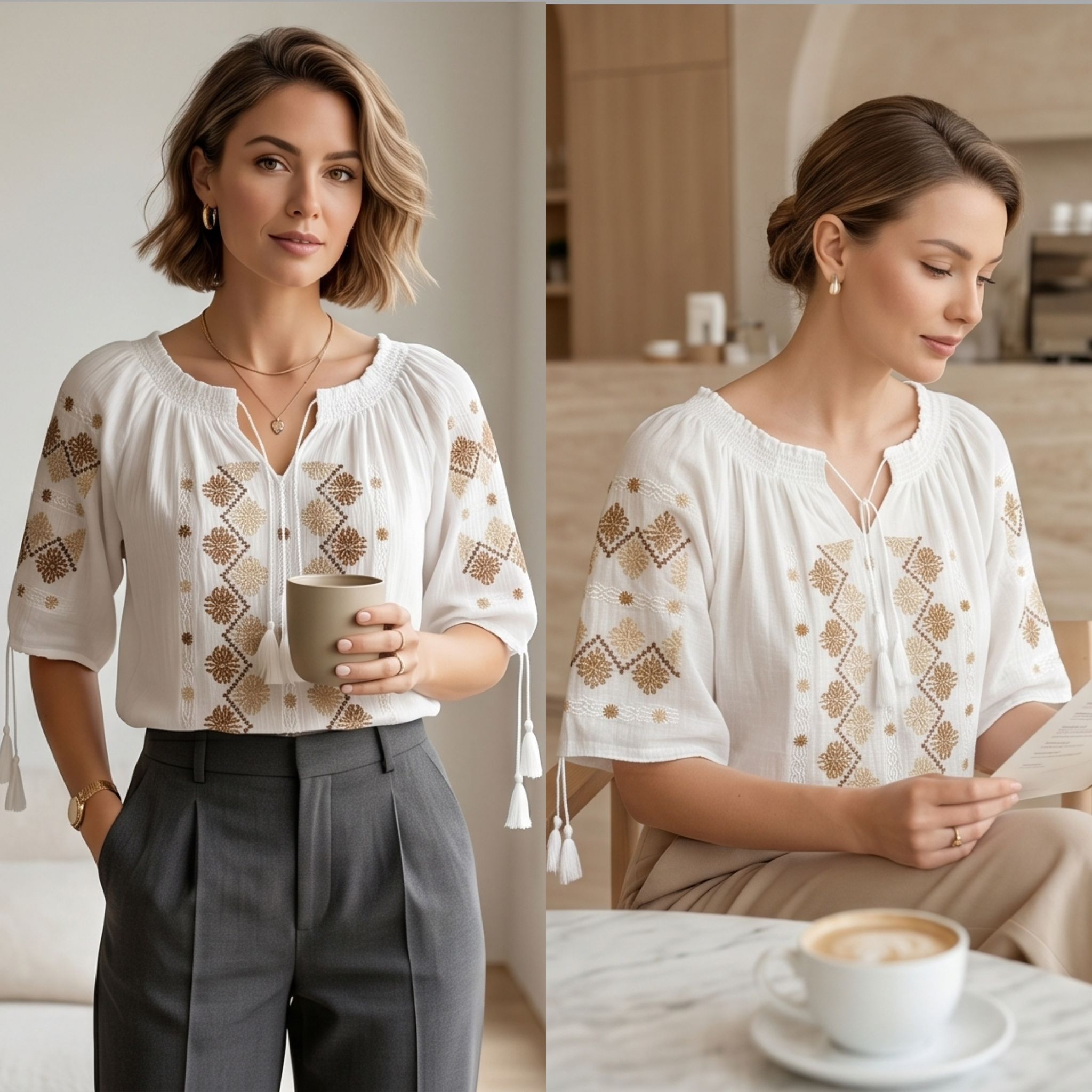 IE Traditionala cu maneca scurta, cusuta cu matase - Bianca maro 20