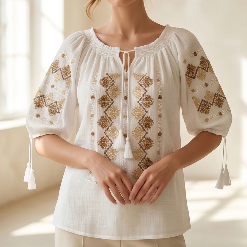 IE Traditionala cu maneca scurta, cusuta cu matase - Bianca maro 20