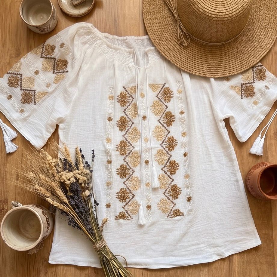 IE Traditionala cu maneca scurta, cusuta cu matase - Bianca maro 20