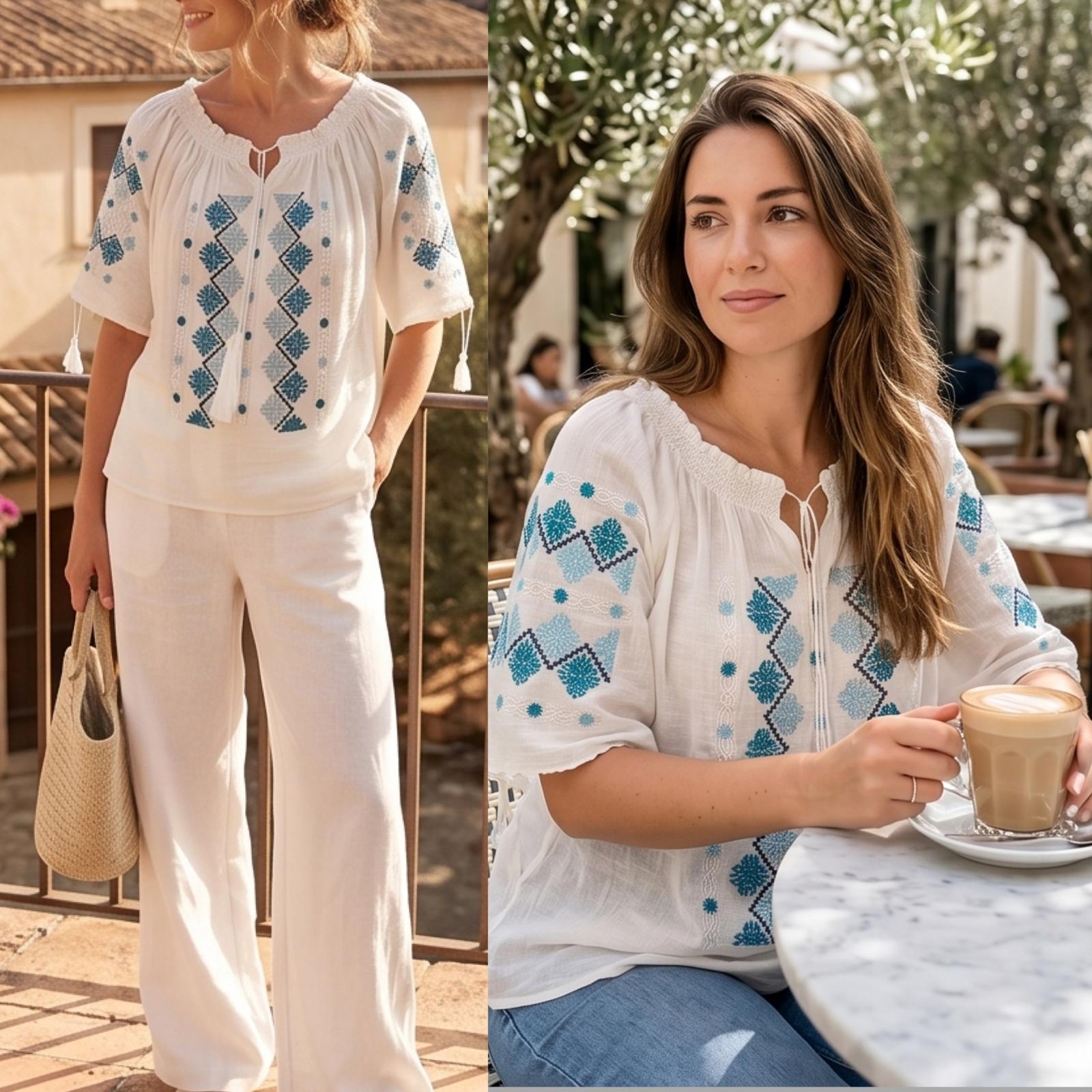 IE Traditionala cu maneca scurta, cusuta cu matase - Bianca bleu/turcoaz 25
