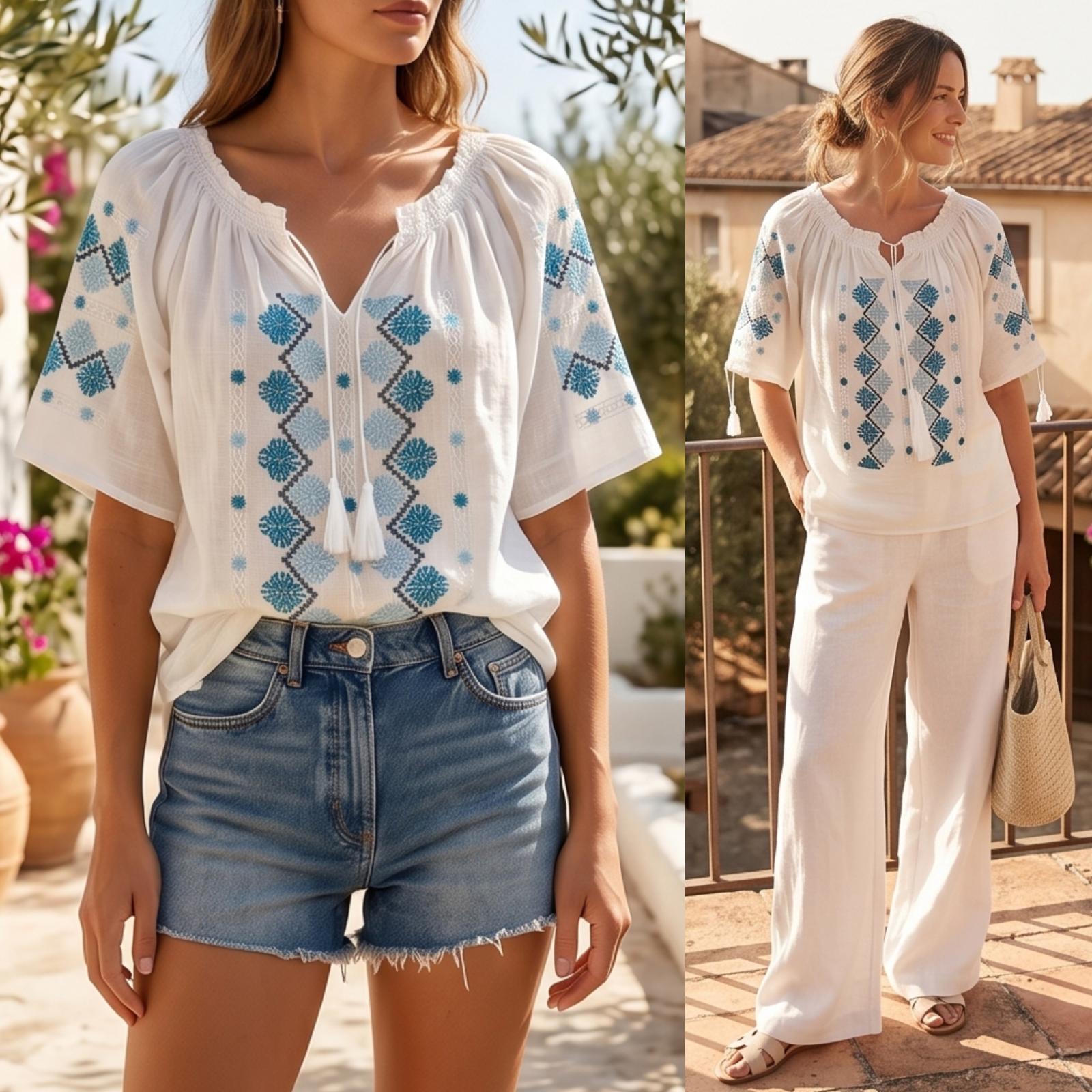 IE Traditionala cu maneca scurta, cusuta cu matase - Bianca bleu/turcoaz 25