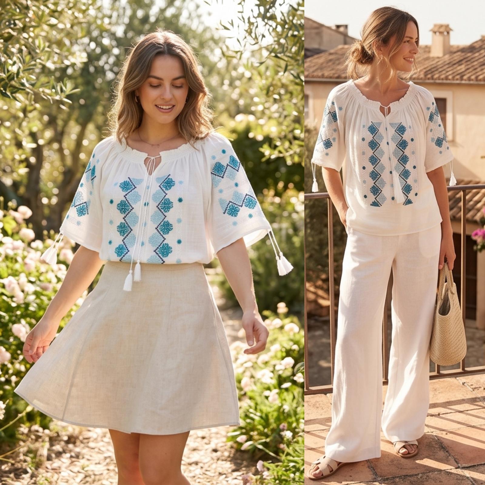 IE Traditionala cu maneca scurta, cusuta cu matase - Bianca bleu/turcoaz 25