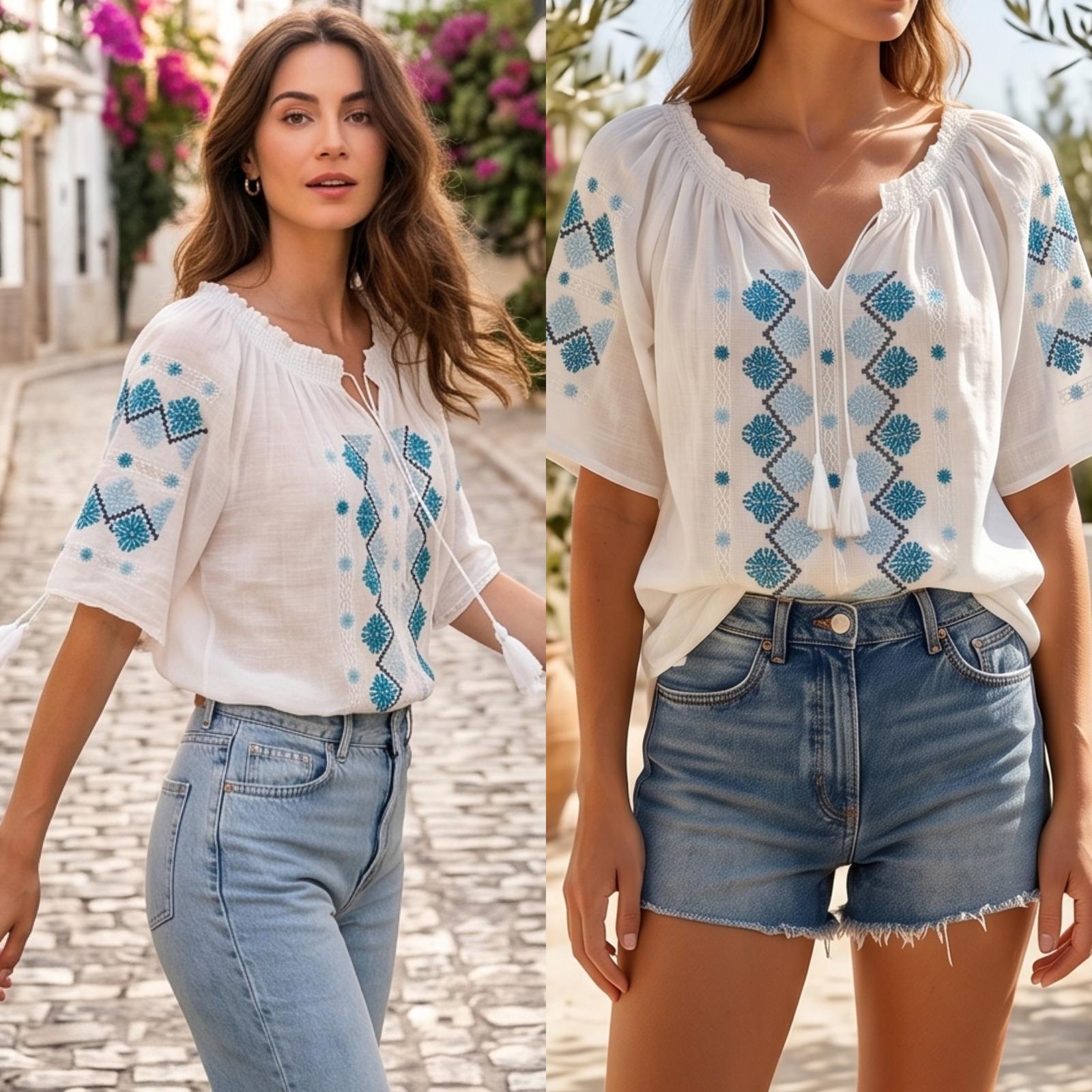 IE Traditionala cu maneca scurta, cusuta cu matase - Bianca bleu/turcoaz 25