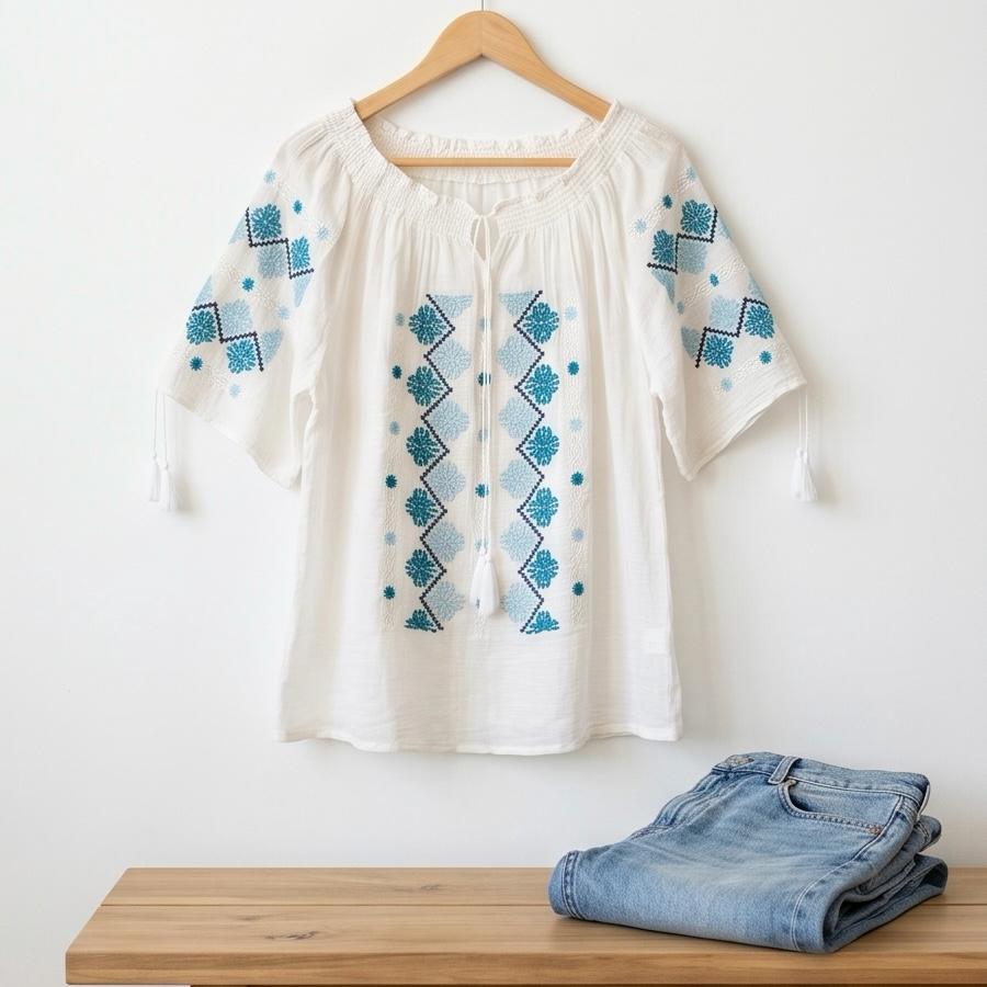 IE Traditionala cu maneca scurta, cusuta cu matase - Bianca bleu/turcoaz 25