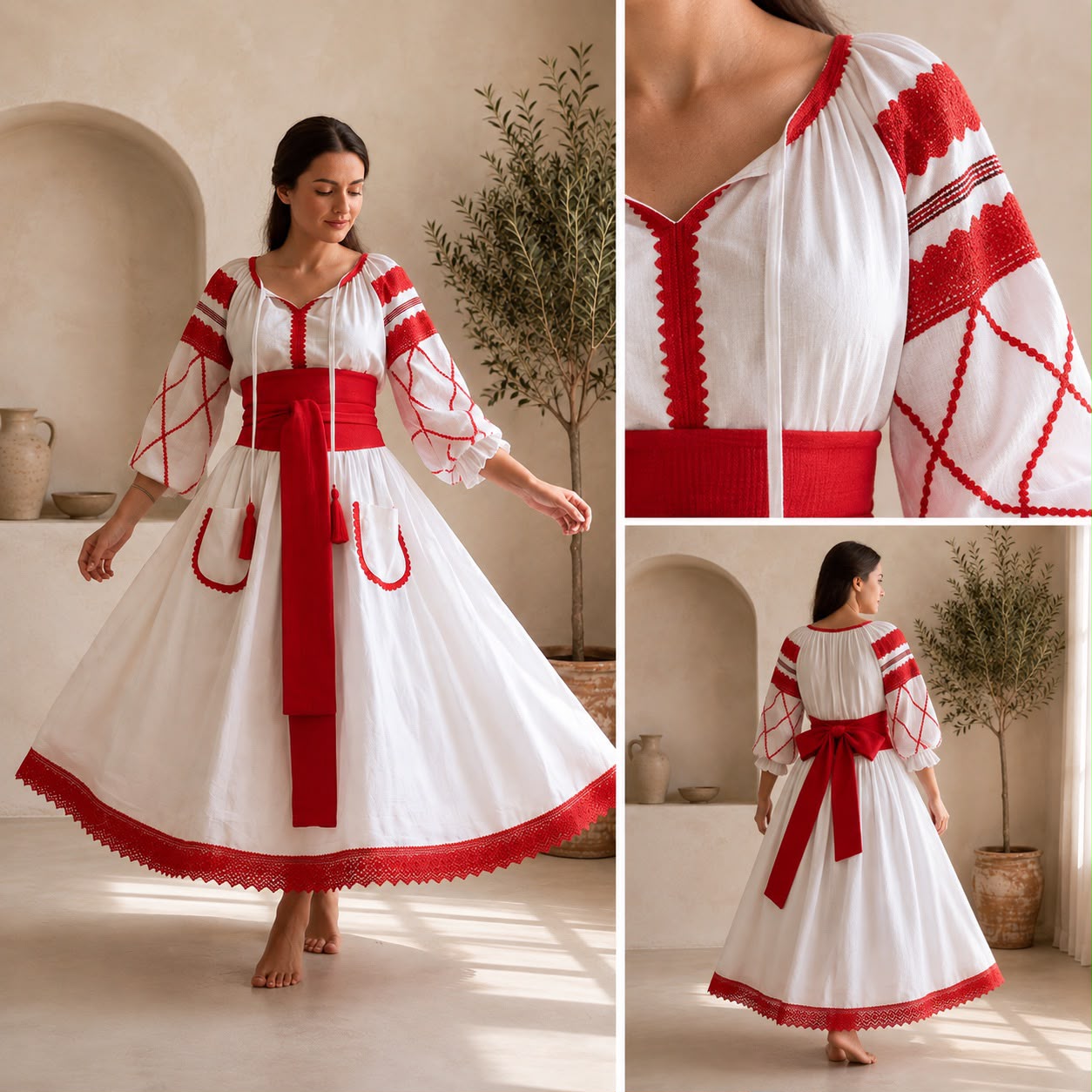 Rochie Nationala alba din panza topita dantela rosie - Maria 01