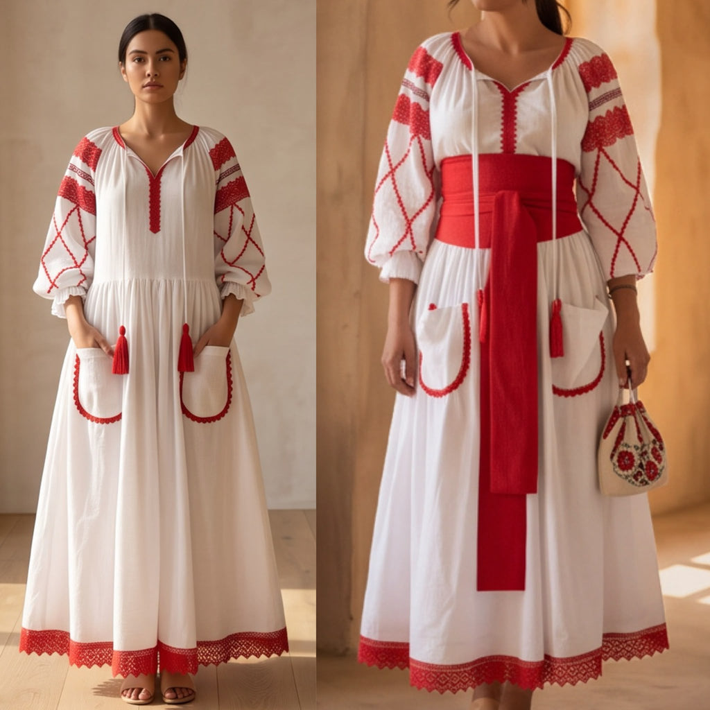 Rochie Nationala alba din panza topita dantela rosie - Maria 01