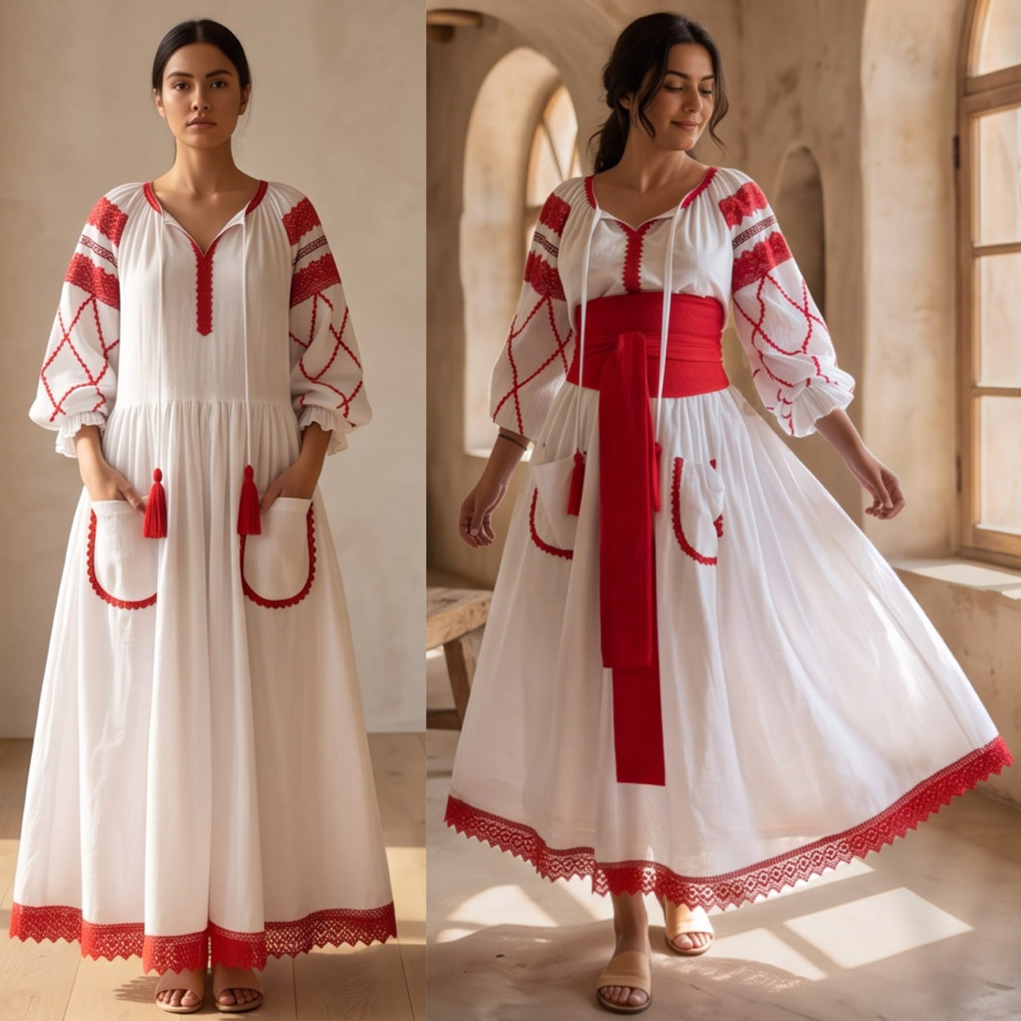 Rochie Nationala alba din panza topita dantela rosie - Maria 01