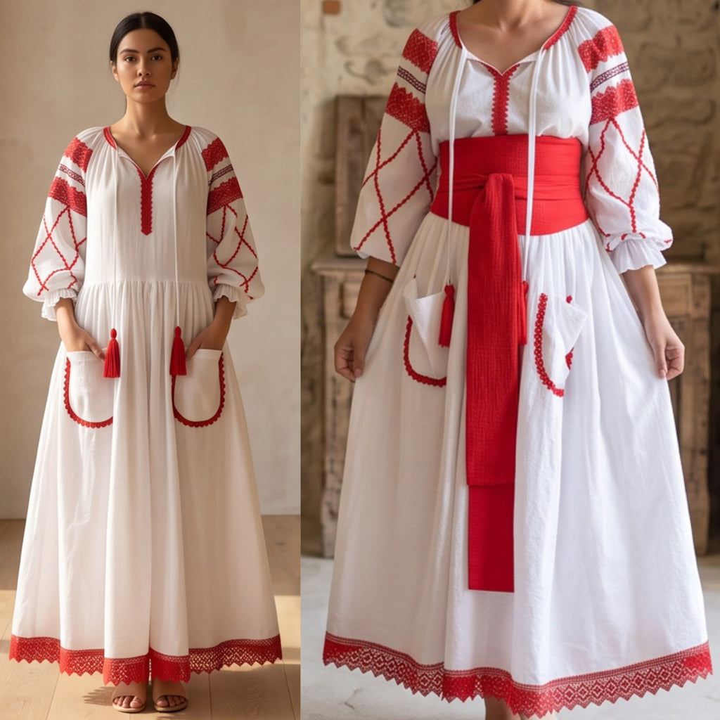 Rochie Nationala alba din panza topita dantela rosie - Maria 01