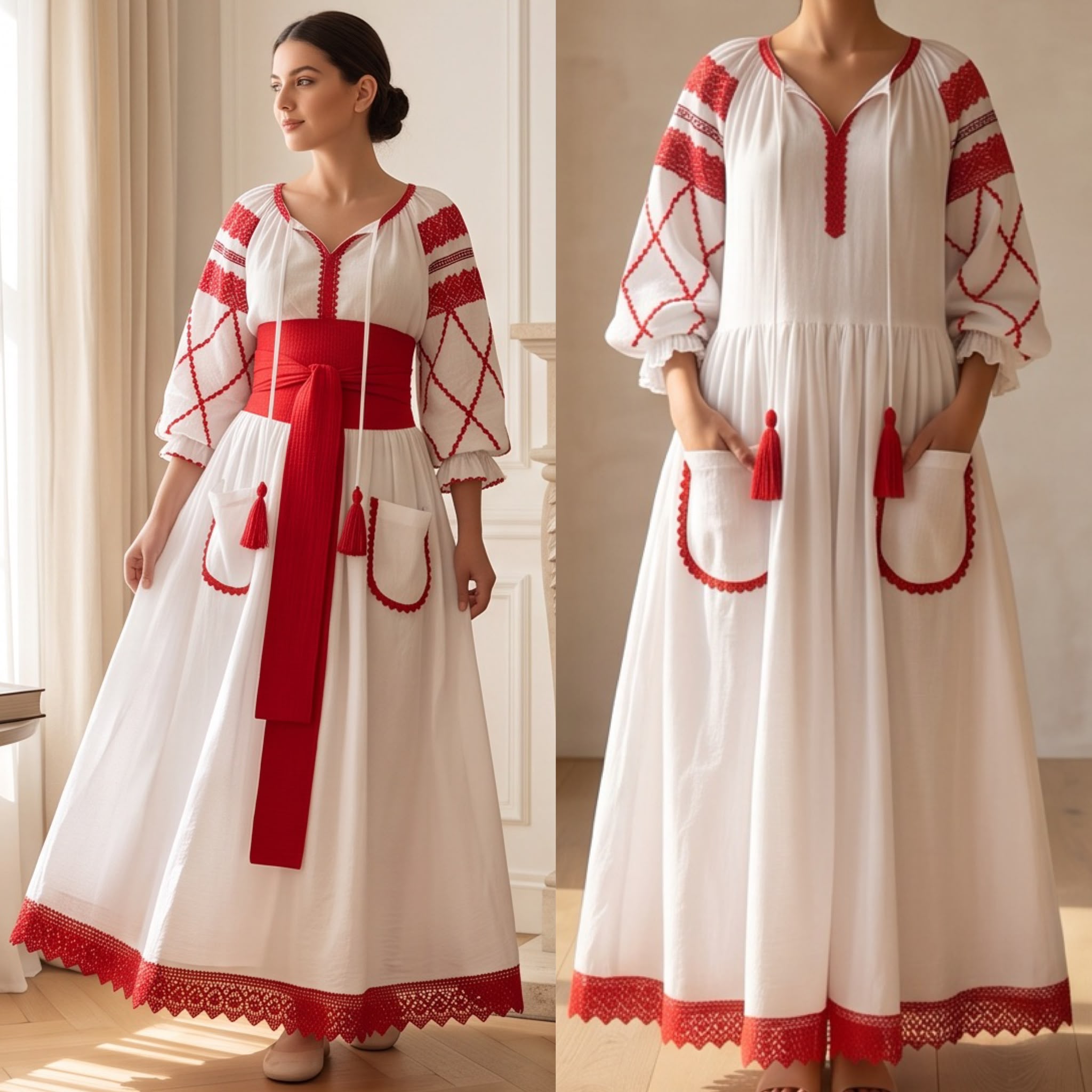 Rochie Nationala alba din panza topita dantela rosie - Maria 01