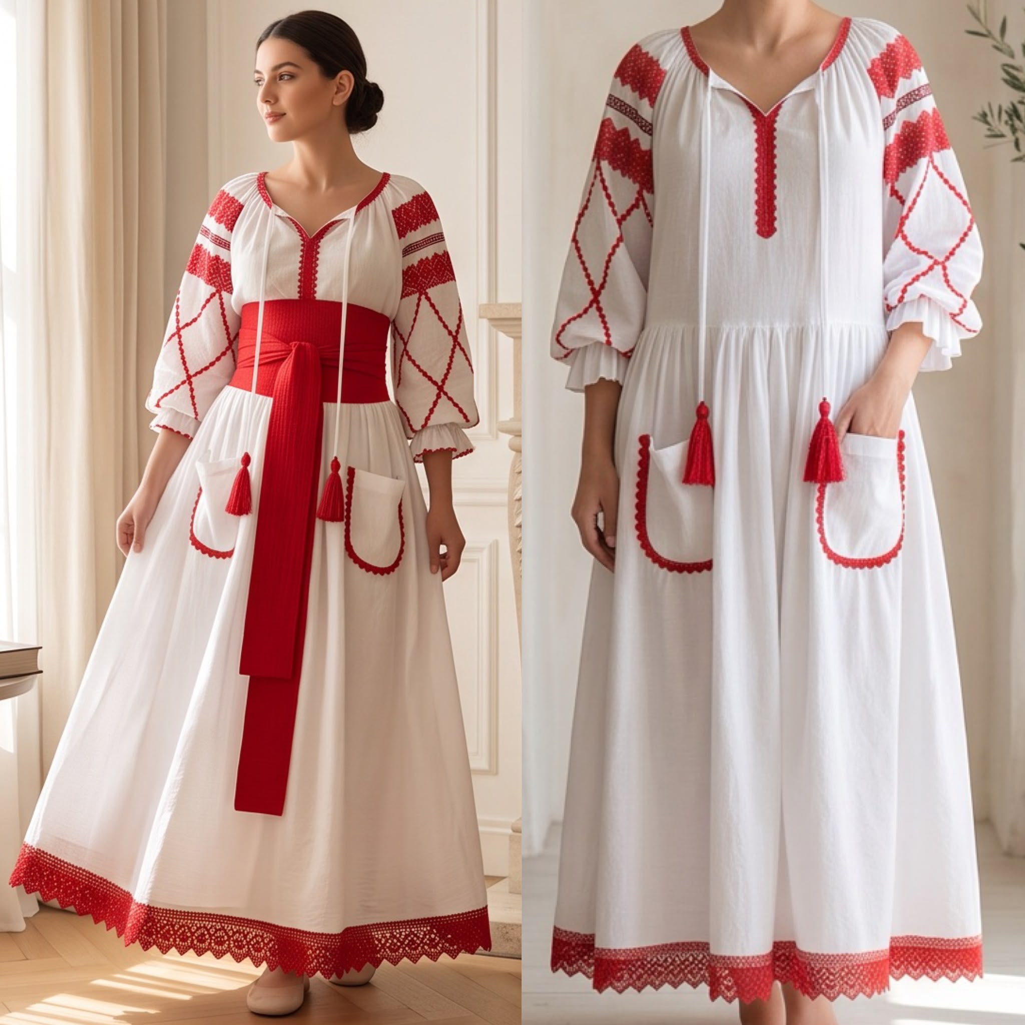 Rochie Nationala alba din panza topita dantela rosie - Maria 01