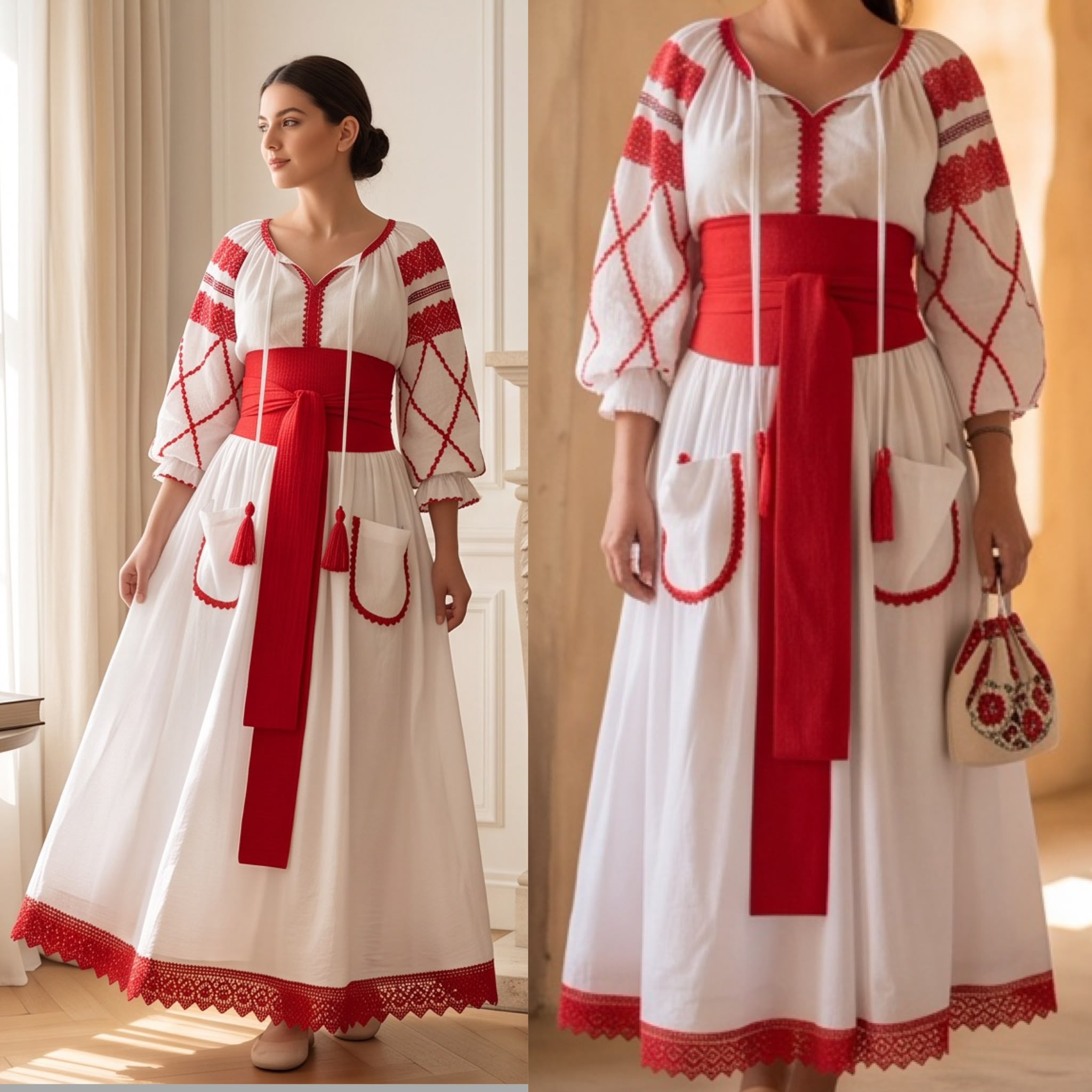 Rochie Nationala alba din panza topita dantela rosie - Maria 01