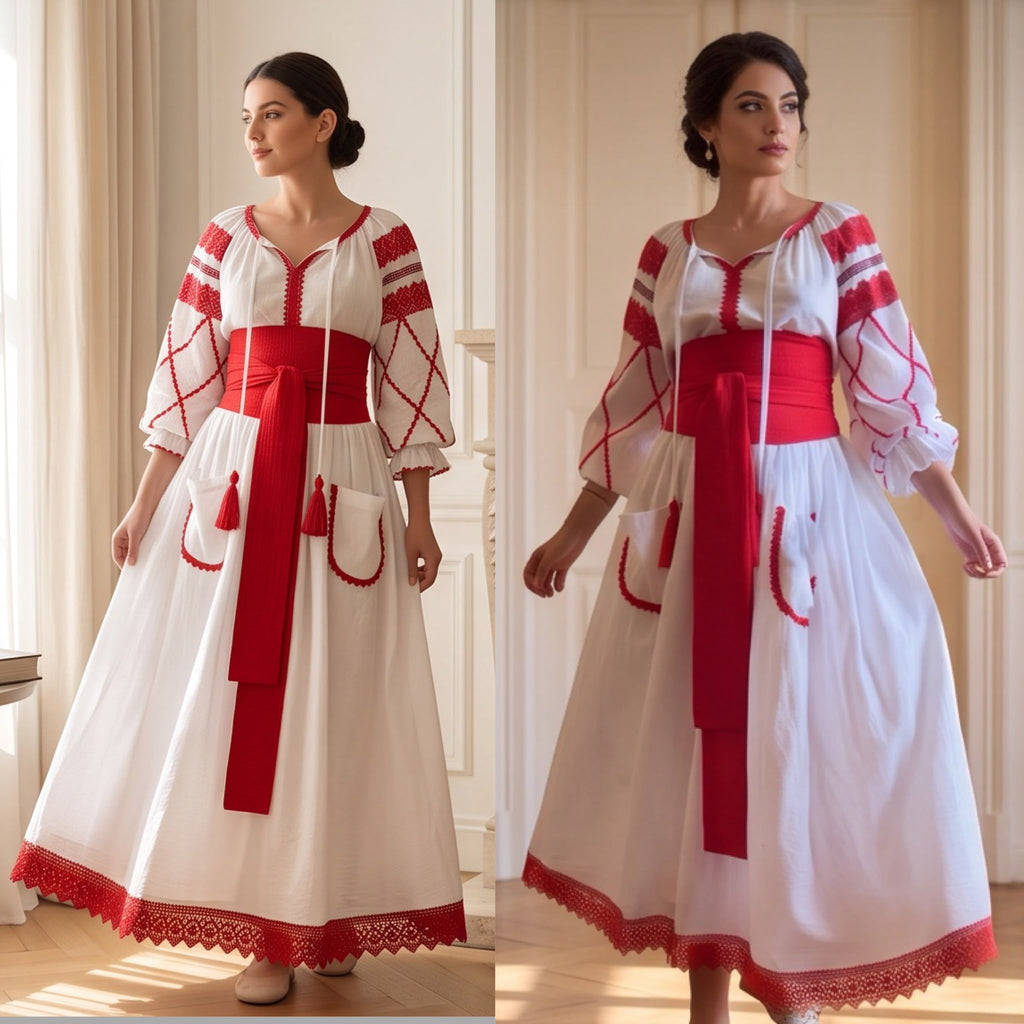 Rochie Nationala alba din panza topita dantela rosie - Maria 01
