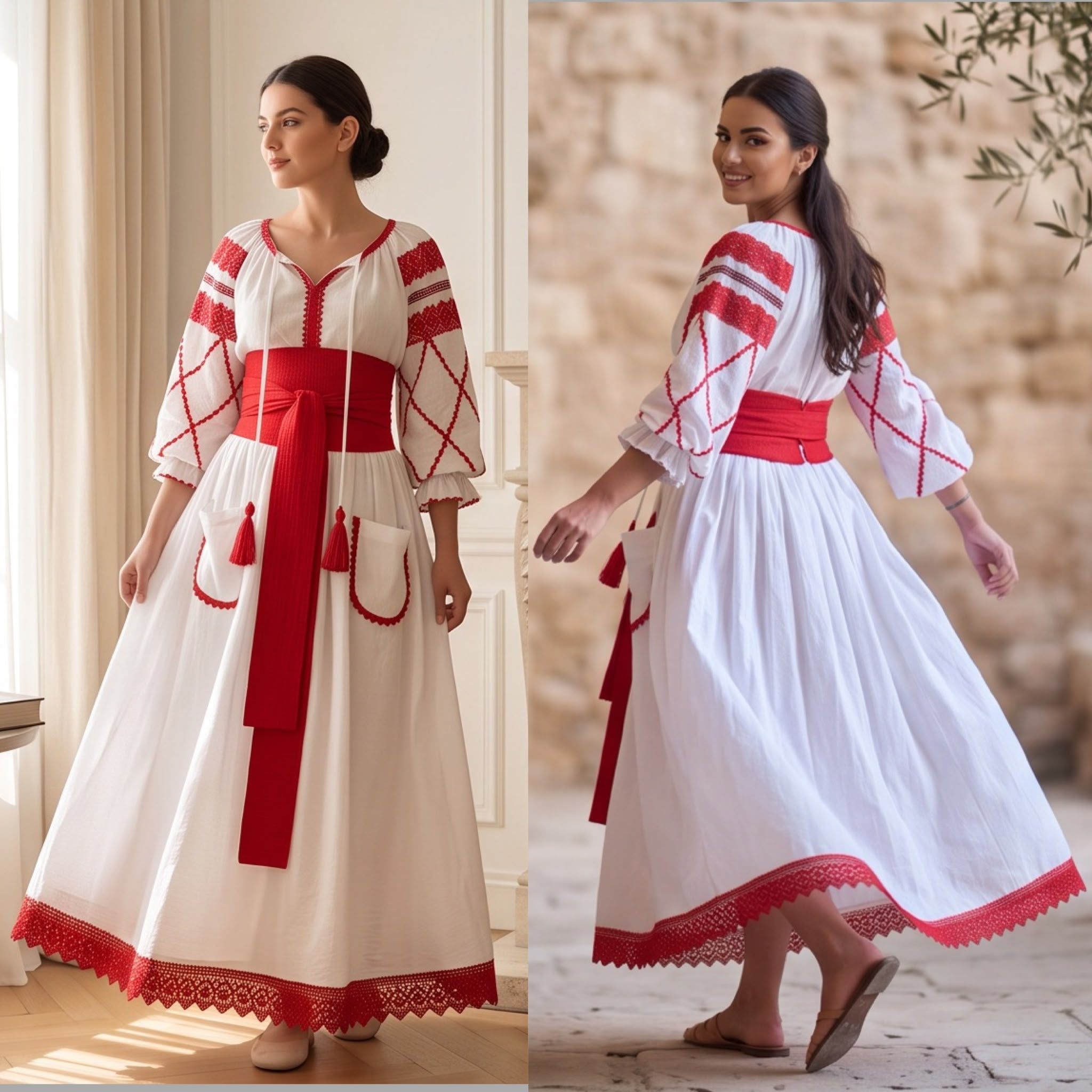 Rochie Nationala alba din panza topita dantela rosie - Maria 01