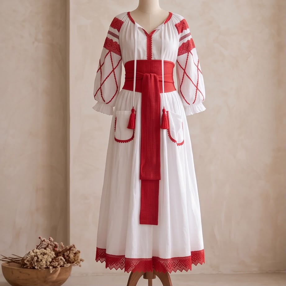 Rochie Nationala alba din panza topita dantela rosie - Maria 01