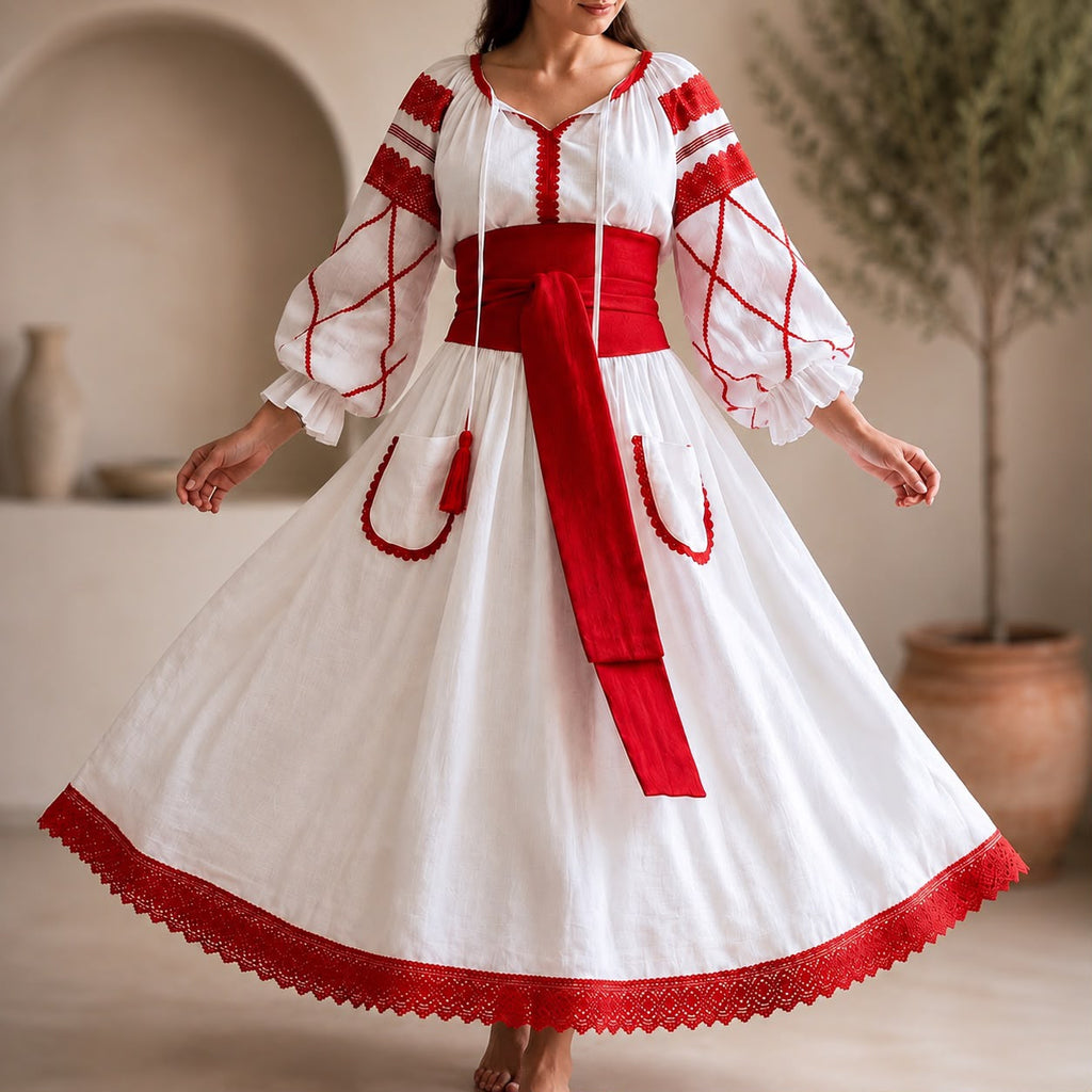 Rochie Nationala alba din panza topita dantela rosie - Maria 01