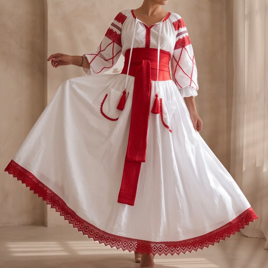Rochie Nationala alba din panza topita dantela rosie - Maria 01