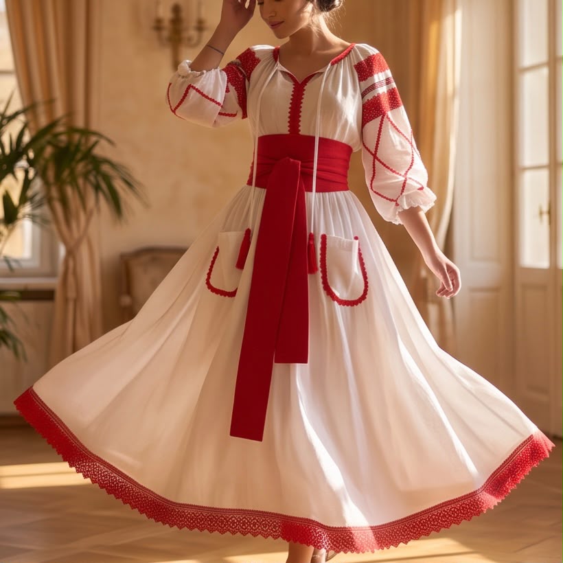 Rochie Nationala alba din panza topita dantela rosie - Maria 01