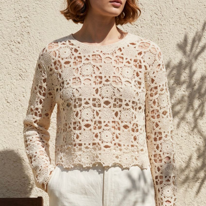 Bluza crosetata din macrame - Aura crem