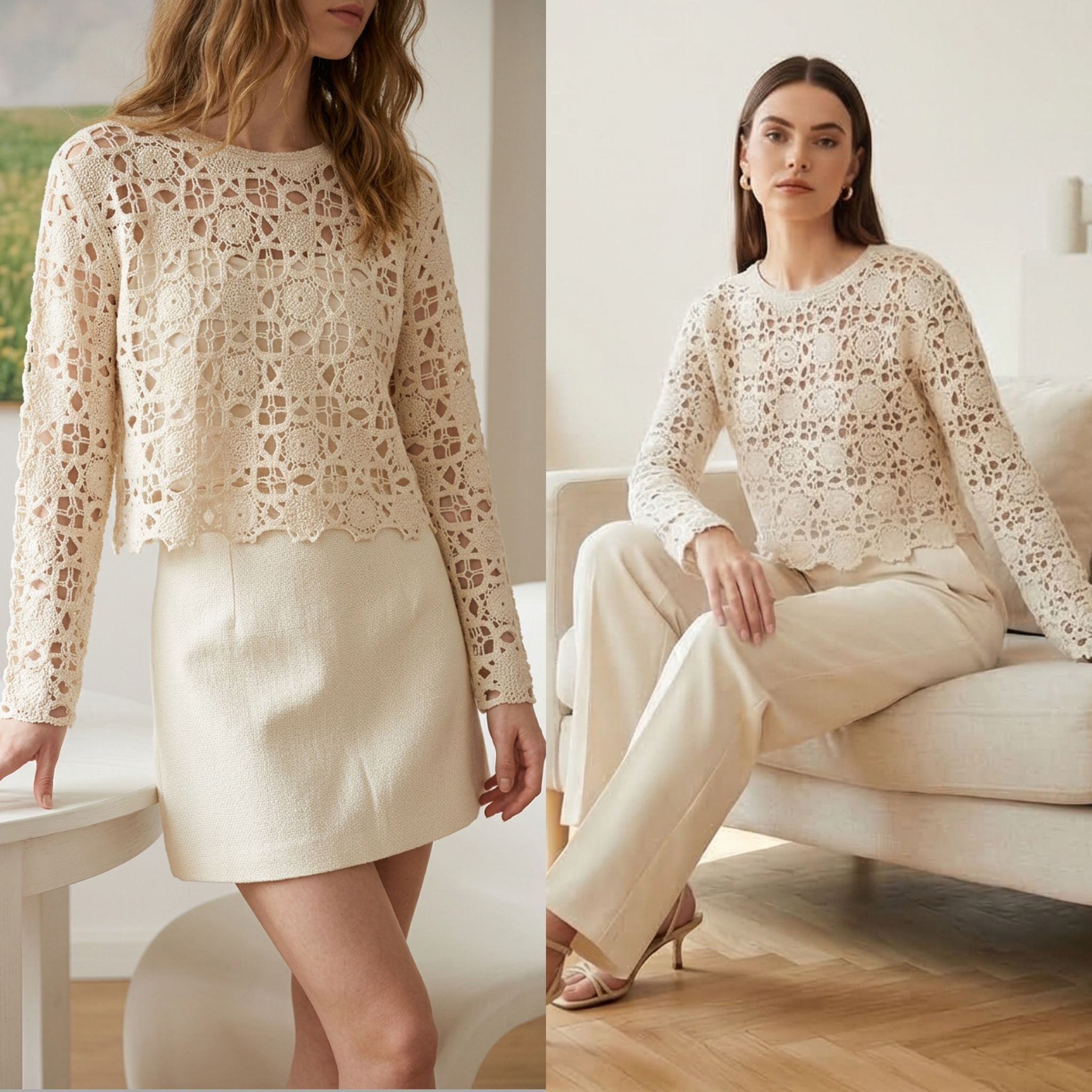 Bluza crosetata din macrame - Aura crem