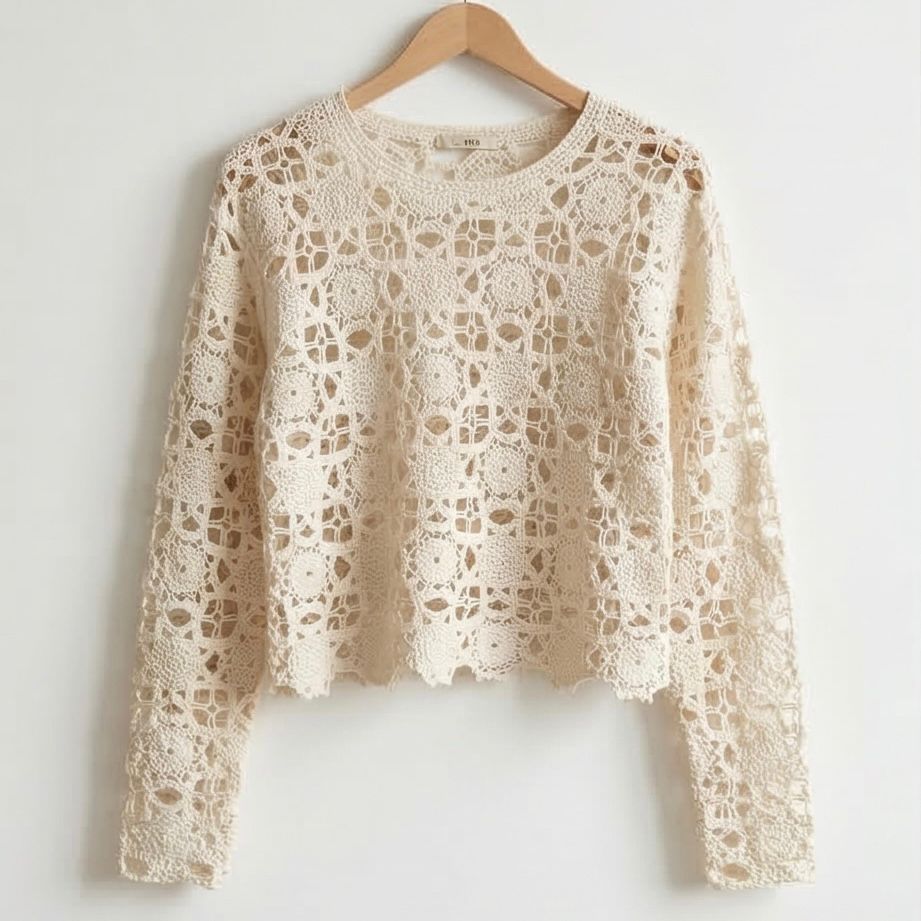 Bluza crosetata din macrame - Aura crem